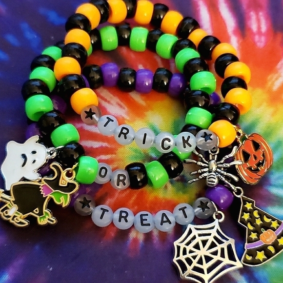 Hand Crafted Jewelry - Handmade Beaded Halloween Trick or Treat Stacked Charm Bracelets